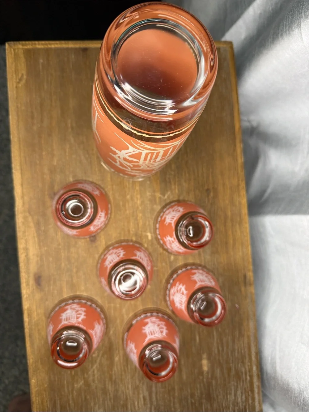 Vtg Dyball Coral Pagoda Glasses Matte Mid Century Modern Hazel Atlas 7pc Set